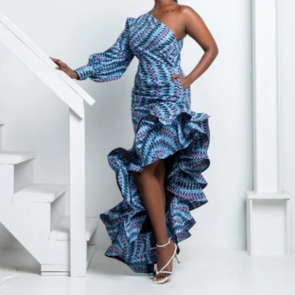 SORAYA ONE-SLEEVE RUFFLE AFRICAN PRINT HI-LOW DRESS - Picture 2 of 4